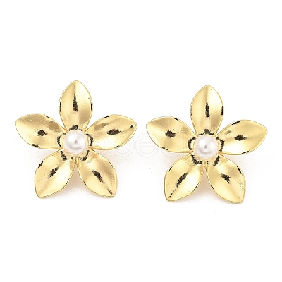 Brass ABS Plastic Imitation Pearl Flower Stud Earrings EJEW-S258-02G-1