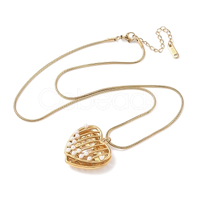 304 Stainless Steel with Acrylic Imitation Pearl Heart Pendant Necklaces for Women NJEW-B151-01G-1