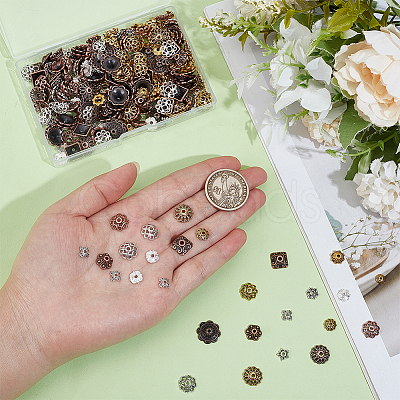 300Pcs 15 Styles Tibetan Style Alloy 4-Petal Bead Caps TIBE-PA0001-21-1
