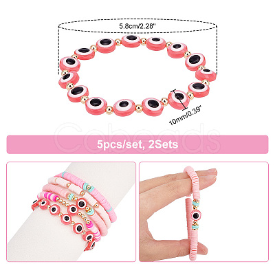 PandaHall Elite 10Pcs 2 Style Polymer Clay Heishi Beaded Stretch Bracelets Set BJEW-PH0001-01-1