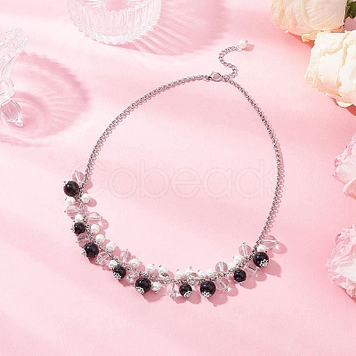 Round Glass Beaded Bib 304 Stainless Steel Rolo Chain Necklaces NJEW-JN05359-03-1