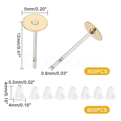 DICOSMETIC 800Pcs 304 Stainless Steel Stud Earring Settings with Flat Round Brass Heads STAS-DC0005-44-1