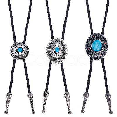 3Pcs 3 Style Adjustable Zinc Alloy Pave Synthetic Turquoise Oval/Flat Round Pendant Black PU Leather Cord Lariat Necklaces NJEW-ME0001-02-1