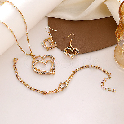 Heart Alloy Crystal Rhinestone Pendant Necklace & Dangle Earring & Link Bracelet Sets FS-WGED074-01-1