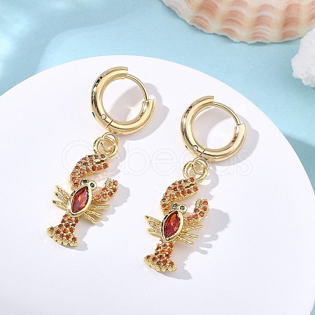 Lobster Brass Micro Pave Cubic Zirconia Dangle Hoop Earrings EJEW-JE07171-1