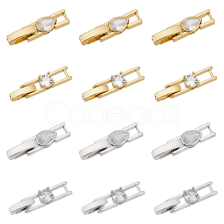 12Pcs 4 Styles Brass Micro Pave Clear Cubic Zirconia Fold Over Clasps KK-UN0004-48-1