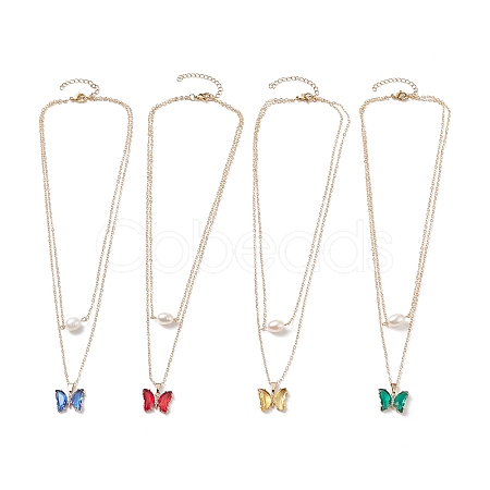 4Pcs 4 Color Glass Butterfly & Natural Pearl Pendants Double Layer Necklaces Set with Clear Cubic Zirconia NJEW-TA00043-1
