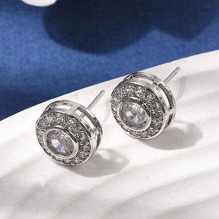 Flat Round Brass Micro Pave Clear Cubic Zirconia Stud Earrings EJEW-H180-13P-1