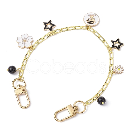 Flower & Star Alloy Enamel Charm Purse Chains with Natural Black Agate & Swivel Clasps AJEW-BA00116-01-1