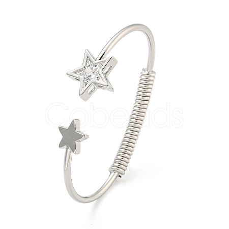 Star Brass Pave Clear Cubic Zirconia Open Cuff Bangles for Women BJEW-G704-03P-1
