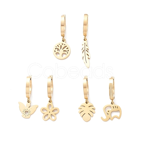 3 Pair 3 Style Leaf & Flower & Butterfly & Tree & Elephant Asymmetrical Earrings EJEW-B020-03G-1