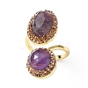 Natural Gemstone Oval Open Cuff Ring with Rhinestone RJEW-F134-01G-2