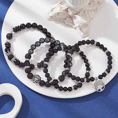 4Pcs 4 Style Natural Black Onyx & Lava Rock Beaded Stretch Bracelets Set BJEW-JB09672-1