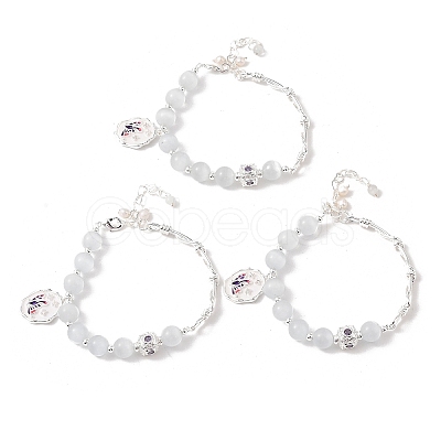 Natural Pearl & Round Cat Eye & Glass Beaded Bracelets BJEW-C068-06S-1