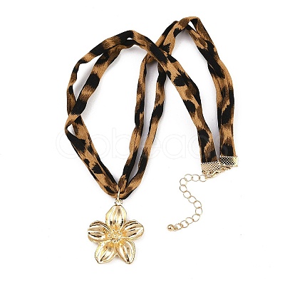 Alloy Flower Pendant 2-Strand Leopard Print Polyester Cord Necklaces for Women NJEW-A066-05G-1