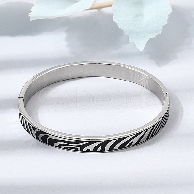 304 Stainless Steel Black Enamel Zebra Skin Print Hinged Cuff Bangles for Women SA-CBAC920-03P-1