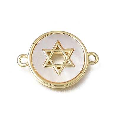 Natural White Shell Brass Flat Round Links Connector Charms KK-C262-03A-02G-1