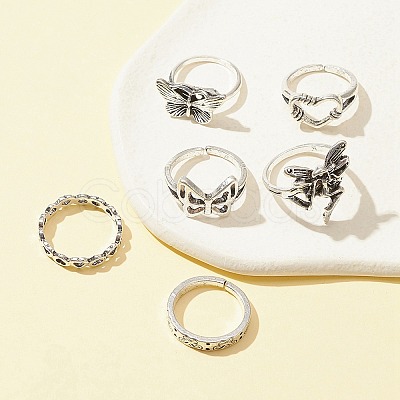 6Pcs 6 Style Butterfly & Heart & Chain Shape Alloy Stackable Rings Set RJEW-FS0001-05A-1