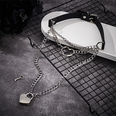 1Pc Aluminum Heart Lock Key Pendant PU Leather Choker Necklaces for Women NJEW-UN0001-69-1