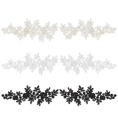 3 Pairs 3 Style Rose Pattern Polyester Computerized Embroidered Appliques DIY-FG0003-96-1