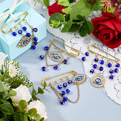4Pcs Blue Evil Eye Alloy Rhinestone Charm Kilt Pins JEWB-FH00039-1
