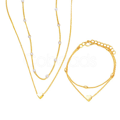 Heart Alloy & Plastic Imitation Pearls Round Beaded Necklaces & Double Layer Bracelets Sets FS-WGC2DB5-01-1