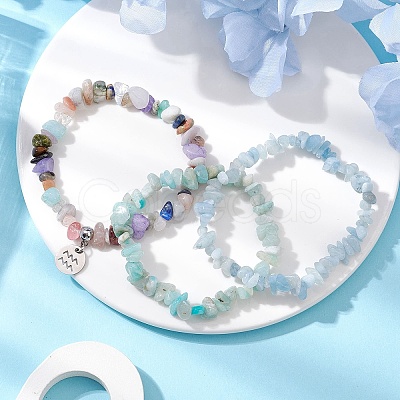 3Pcs 3 Styles Natural Aquamarine & Flower Amazonite Chips Stretch Bracelets Sets BJEW-JB11076-01-1