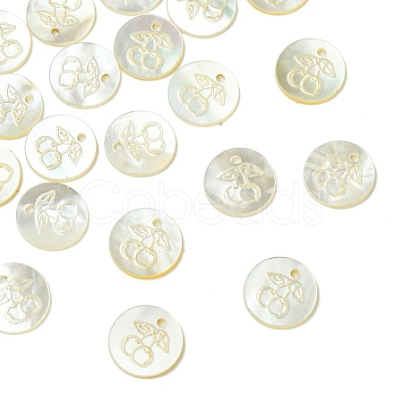 20Pcs Natural Shell Flat Round with Engraved Cherry Charms SHEL-CJ0001-36-1