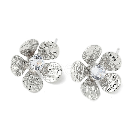 Flower Brass Micro Pave Cubic Zirconia Stud Earring Findings KK-M326-08P-1