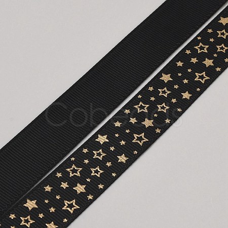 100 Yards Star Gold Stamping Polyester Grosgrain Ribbons DIY-WH0580-14-1