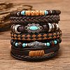 6Pcs 6 Styles Wood & Synthetic Turquoise Beaded Stretch Bracelets & Alloy Synthetic Turquoise Link Bracelets & Retro PU Leather Cord Bracelets for Men's FS-WG129F8-03-1