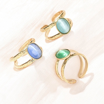304 Stainless Steel with Glass Cat Eye Cuff Rings for Women RJEW-K309-40G-1