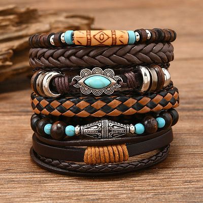 6Pcs 6 Styles Wood & Synthetic Turquoise Beaded Stretch Bracelets & Alloy Synthetic Turquoise Link Bracelets & Retro PU Leather Cord Bracelets for Men's FS-WG129F8-03-1