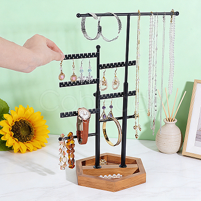 8-Tier T Bar Iron Earring Organizer Display Stands with Hexagon Wood Trays EDIS-WH0022-46-1