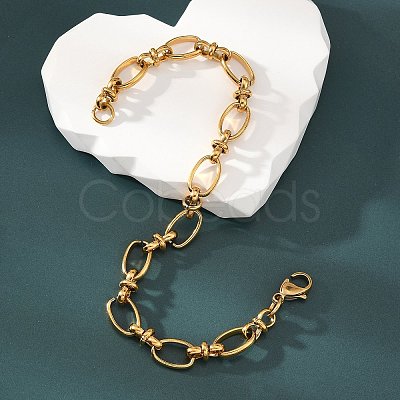 Ion Plating(IP) 304 Stainless Steel Bowknot & Oval Link Chain Bracelet for Women BJEW-G669-18G-1