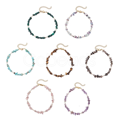 Natural Mixed Gemstone Chip & Glass Beaded Anklets AJEW-AN00682-1