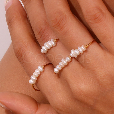 Nuggets Stainless Steel & Natural Freshwater Pearl Beads Finger Rings WG1BE4A-01-1