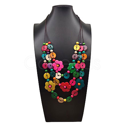 Bohemian Style Coconut Cotton Cord Flower Disc Beaded 3 Layer Necklaces for Women FS-WGE6C1B-01-1