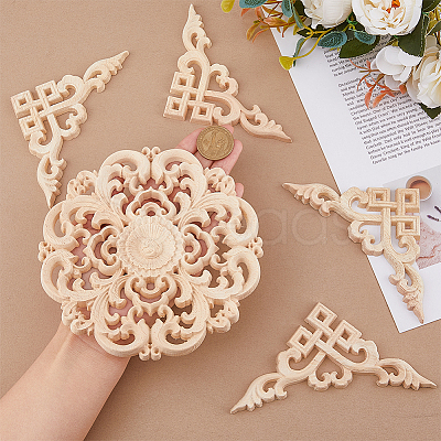 5Pcs 2 Styles Wood Carved Onlay Applique Craft AJEW-DC0001-66-1
