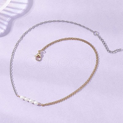 Natural Cultured Freshwater Pearl Rice Beaded Pendant 304 Stainless Steel Cable Chain Double Layer Necklaces NJEW-JN05681-1