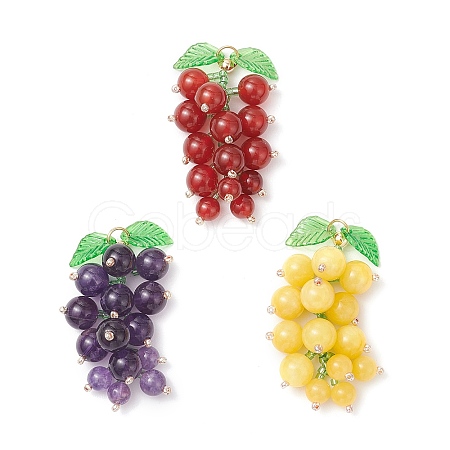 3Pcs 3 Styles Natural Amethyst & Carnelian & Yellow Jade & Glass Seed Beaded Grape Pendants PALLOY-MZ00872-1