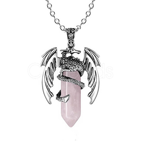 Natural Rose Quartz Bullet with Dragon Pendant Necklace with Zinc Alloy Chains PW-WG99720-05-1