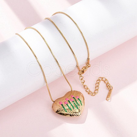304 Stainless Steel Enamel Heart with Flower Pendant Necklaces for Women NJEW-D347-01G-01-1