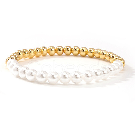 Brass & Plastic Imitation Pearl Round Beads Stretch Bracelets for Women TJ3268-2-1