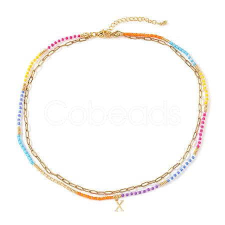Colorful Glass Seed Beaded Initial Pendant Double Layer Necklaces QS3881-24-1