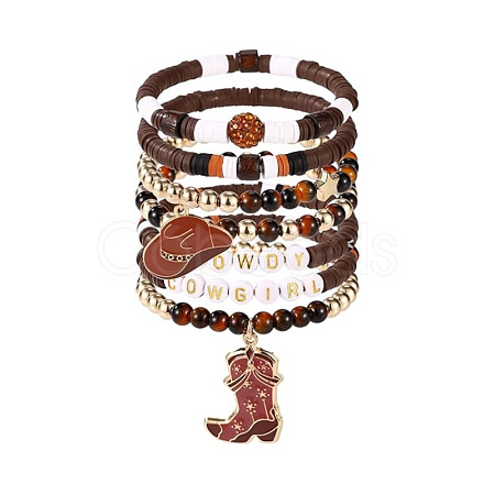7Pcs Boot Western Cowboy Style Polymer Clay Heishi  & CCB Plastic & Natural Tiger Eye Beaded Bracelets FS-WG5CAF3-03-1