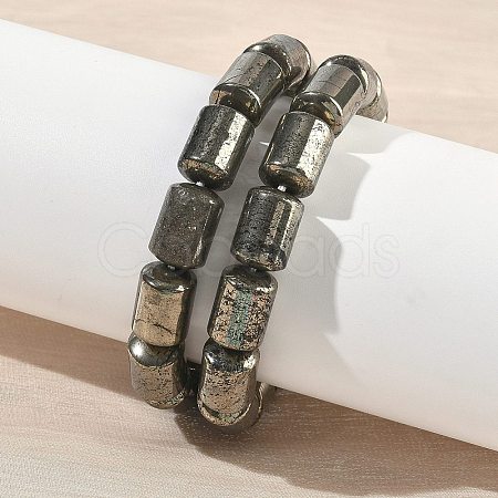 Column Natural Gold Pyrite/Golden Pyrite Beads Stretch Bracelets for Women Men BJEW-A148-01A-29-1