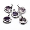 Flat Round with Dragon Platinum Plated Brass Natural Amethyst Pendants G-F228-24I-RS-1