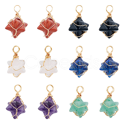 12Pcs 6 Styles Natural Mixed Gemstone Copper Wire Wrapped Pendants G-DC0001-29-1
