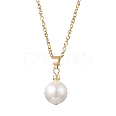 Shell Pearl White Round Pendant 304 Stainless Steel Cable Chain Necklaces for Women NJEW-JN05760-02-1